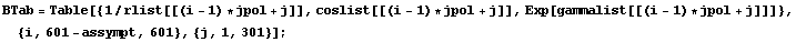 BTab = Table[{1/rlist[[(i - 1) * jpol + j]], coslist[[(i - 1) * jpol + j]], Exp[gammalist[[(i - 1) * jpol + j]]]}, {i, 601 - assympt, 601}, {j, 1, 301}] ;