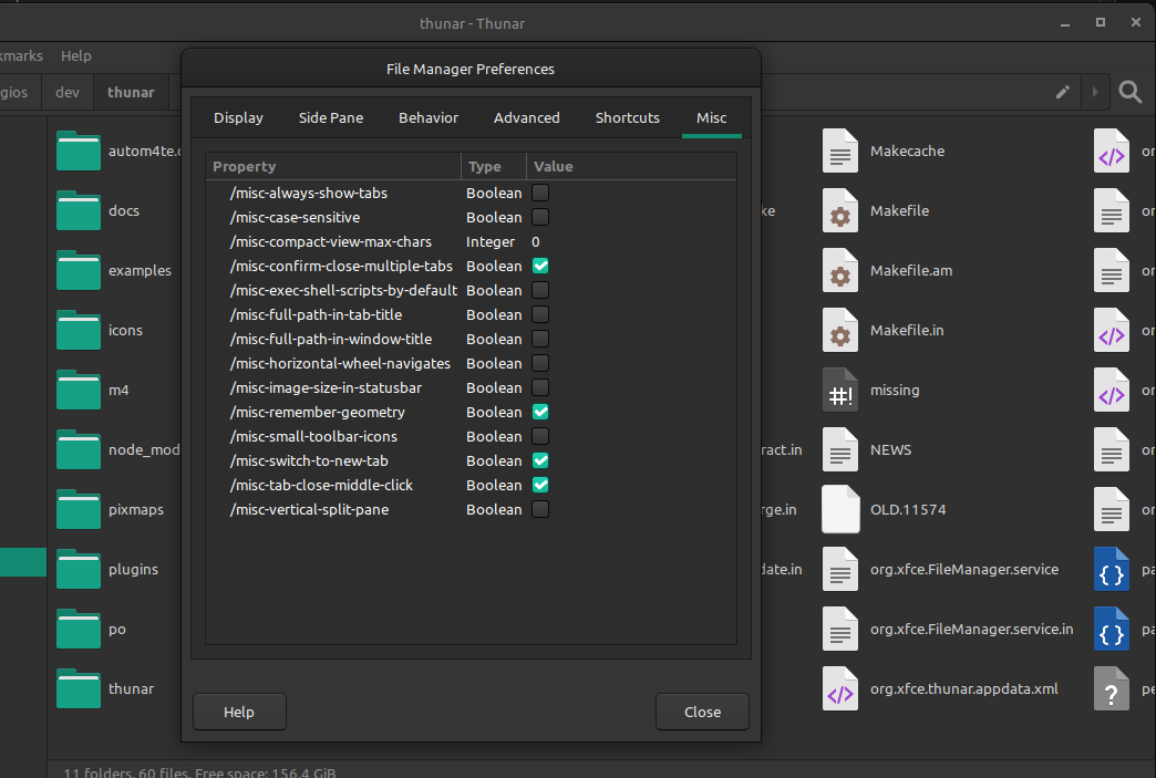 XfceSettingsEditor integrated in Thunar's Preferences Dialog